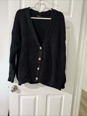 Quince Black Ribbed V-Neck Button-Up Cardigan